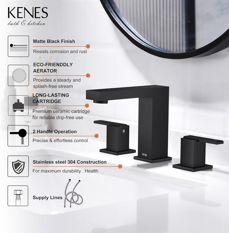 KENES Black Widespread Bathroom Faucet 3 Hole Bathroom Sink Faucet Matte Black Two Handle, 8-Inch 3 Pieces Bathroom Vanity Faucet with Pop Up Drain & Supply Lines, KE-9050-2-P - Image 3
